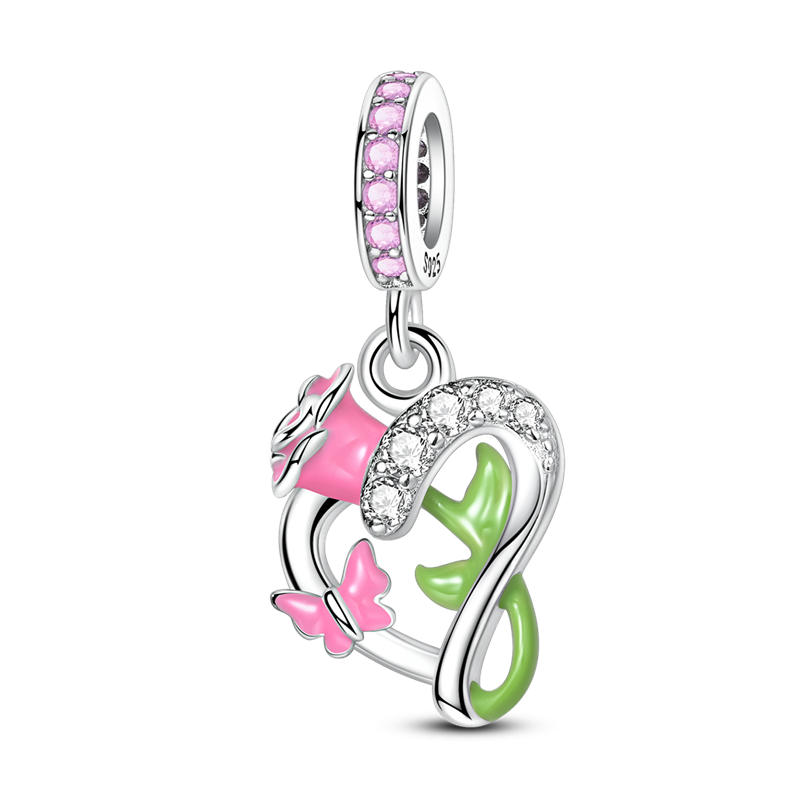 Spring Heart-Shaped Rose and Butterfly Charm