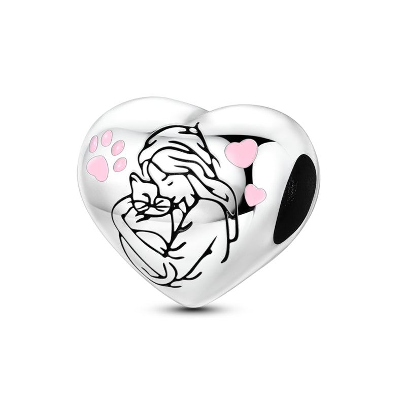 Girl Hug Cat Heart Charm