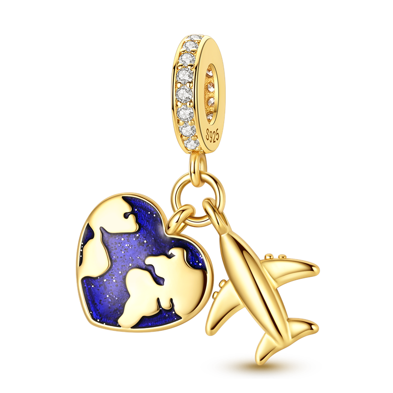 Gold Heart Earth Airplane 2-in-1 Charm