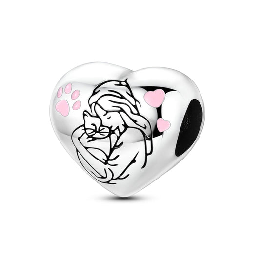 Girl Hug Cat Heart Charm