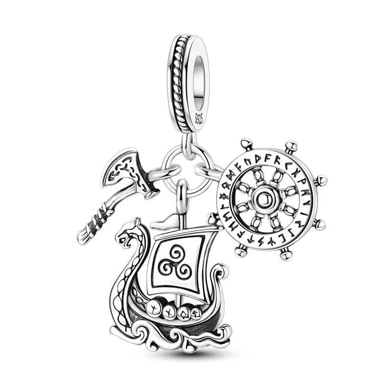 Norse Viking Ship Battle Axe Wheel Charm