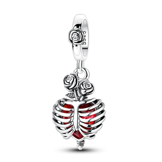 Rose Skeleton Red Heart Charm