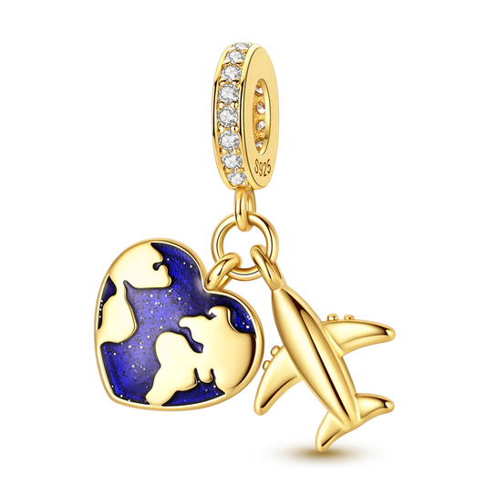 Gold Heart Earth Airplane 2-in-1 Charm