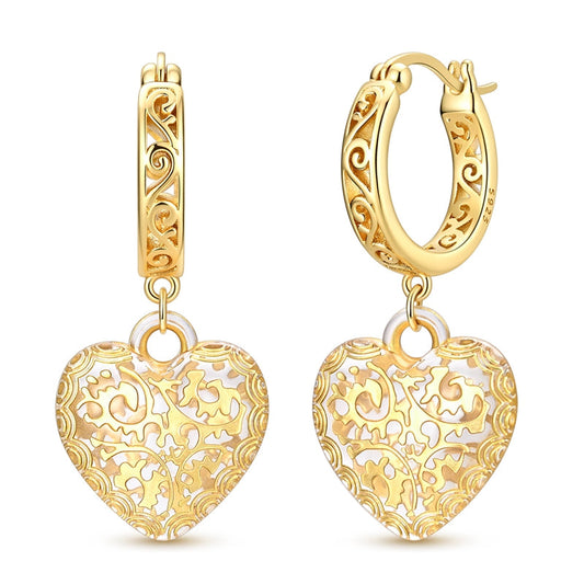 Vintage Pattern Gold-Trim Heart Earrings