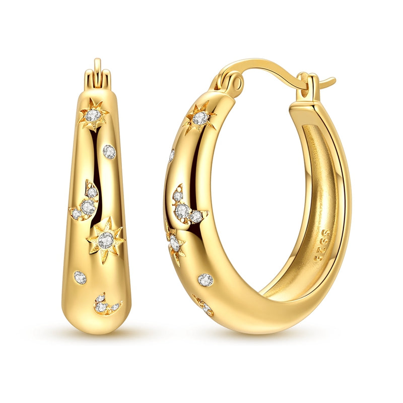 Gold Star and Moon Hoop Earrings